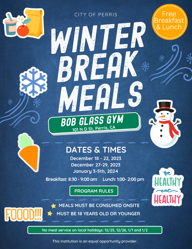 Flyer for City of Perris Winter Break Meals at Bob Glass Gym